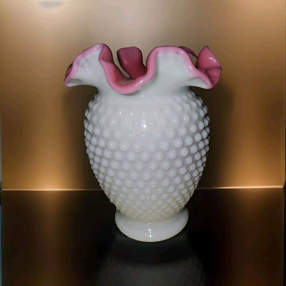 Fenton Vintage Peach Crest Hobnail Vase Ruffled Top 6" Tall Milk Glass Stunning